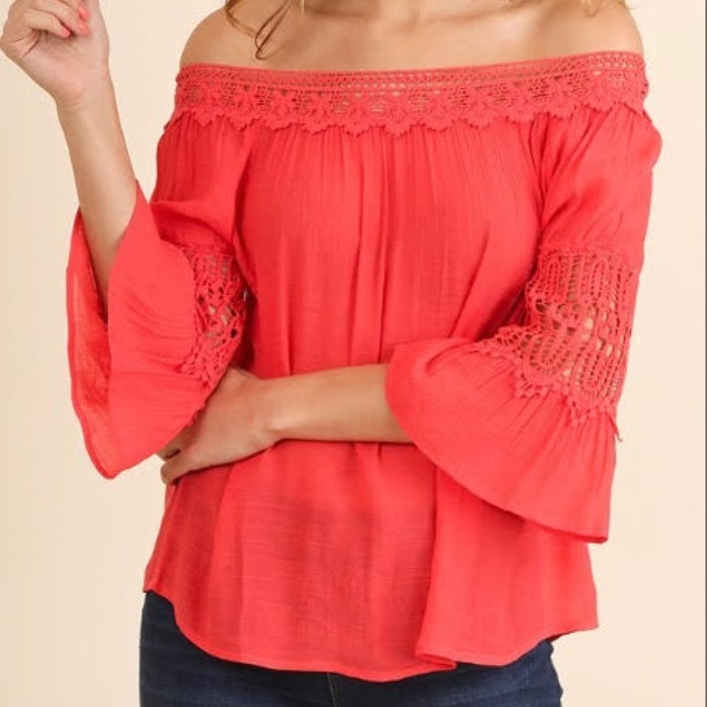 *UMGEE* Coral Off Shoulder Top with Bell Sleeve's